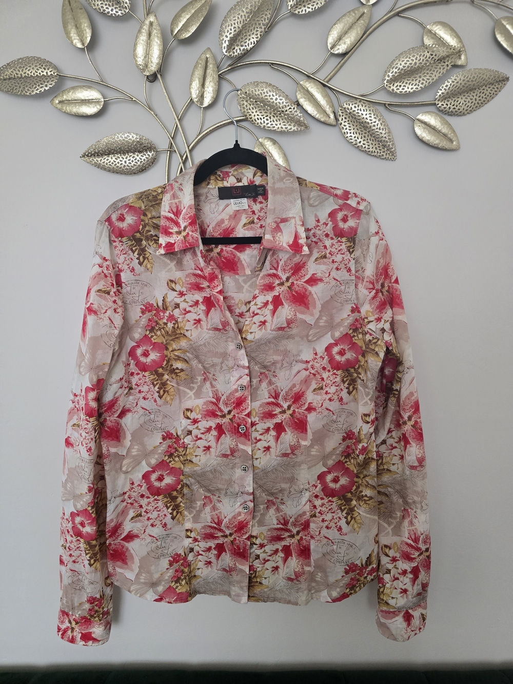 Liu Jo Floral Button-Up Blouse in Pink, Cream, and Tan Size L Cotton Y2K